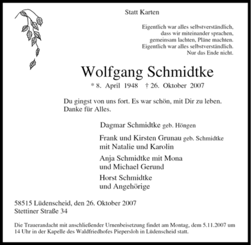  Traueranzeige für Wolfgang Schmidtke vom 30.10.2007 aus Tageszeitung