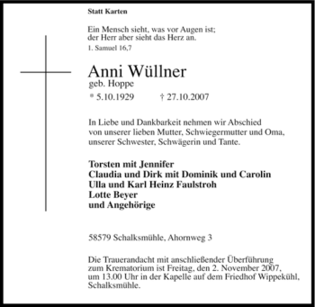 Traueranzeige von Anni Wüllner von Tageszeitung