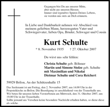 Traueranzeige von Kurt Schulte von Tageszeitung