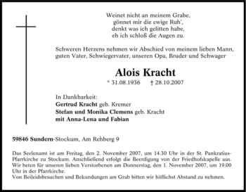 Traueranzeige von Alois Kracht von Tageszeitung