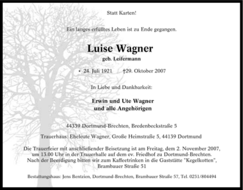Traueranzeige von Luise Wagner von Tageszeitung