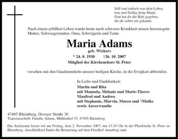 Traueranzeige von Maria Adams von Tageszeitung