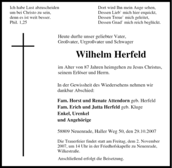 Traueranzeige von Wilhelm Herfeld von Tageszeitung