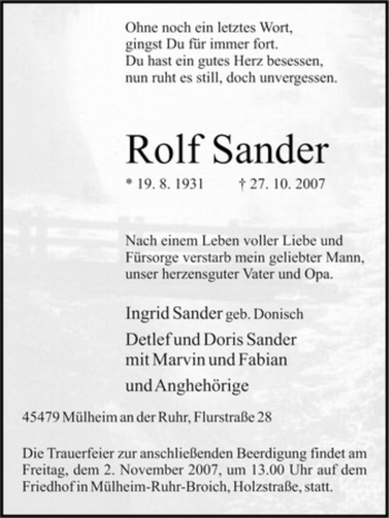 Traueranzeige von Rolf Sander von Tageszeitung