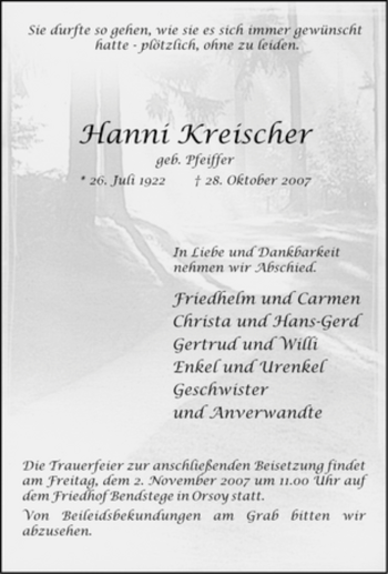 Traueranzeige von Hanni Kreischer von Tageszeitung