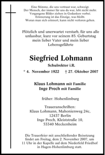Traueranzeige von Siegfried Lohmann von Tageszeitung