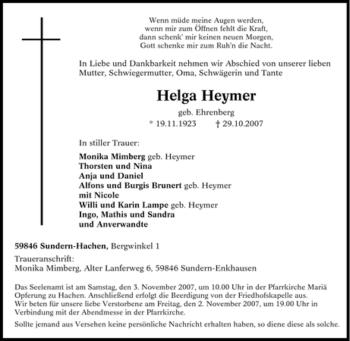 Traueranzeige von Helga Heymer von Tageszeitung