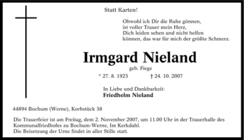 Traueranzeige von Irmgard Nieland von Tageszeitung