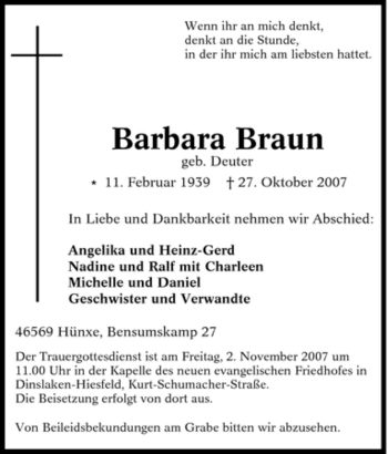 Traueranzeige von Barbara Braun von Tageszeitung