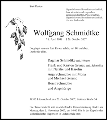 Traueranzeige von Wolfgang Schmidtke von Tageszeitung