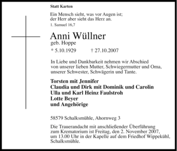Traueranzeige von Anni Wüllner von Tageszeitung