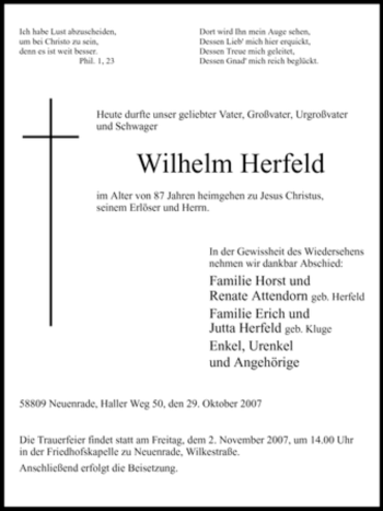 Traueranzeige von Wilhelm Herfeld von Tageszeitung