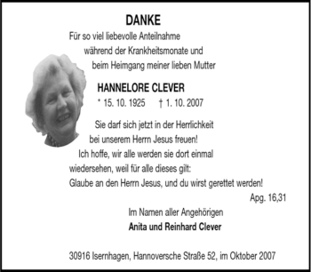 Traueranzeige von Hannelore Clever von Tageszeitung