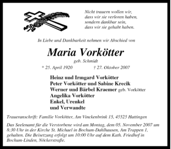Traueranzeige von Maria Vorkötter von Tageszeitung