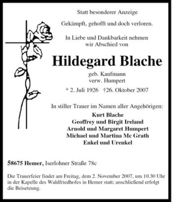 Traueranzeige von Hildegard Blache von Tageszeitung