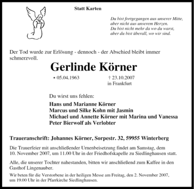  Traueranzeige für Gerlinde Körner vom 31.10.2007 aus Tageszeitung