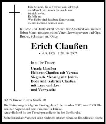 Traueranzeige von Erich Claußen von Tageszeitung