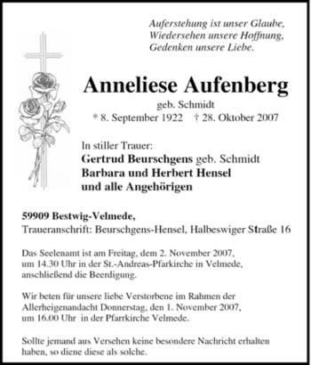 Traueranzeige von Anneliese Aufenberg von Tageszeitung
