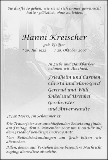 Traueranzeige von Hanni Kreischer von Tageszeitung