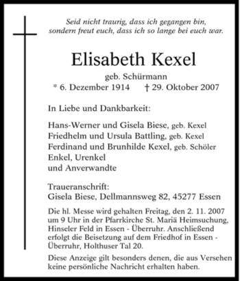 Traueranzeige von Elisabeth Kexel von Tageszeitung