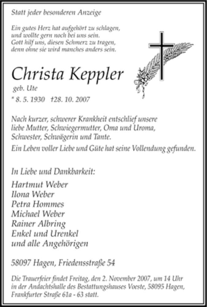  Traueranzeige für Christa Keppler vom 31.10.2007 aus Tageszeitung