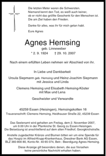 Traueranzeige von Agnes Hemsing von Tageszeitung