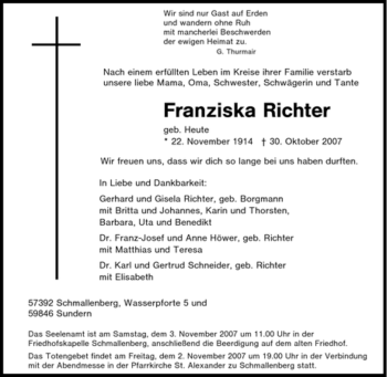 Traueranzeige von Franziska Richter von Tageszeitung