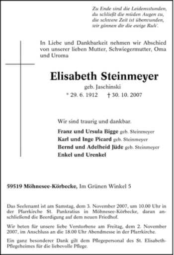 Traueranzeige von Elisabeth Steinmeyer von Tageszeitung