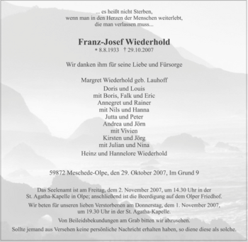 Traueranzeige von Franz-Josef Wiederhold von Tageszeitung