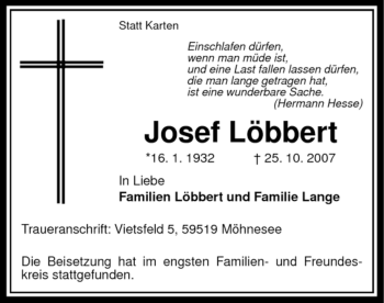 Traueranzeige von Josef Löbbert von Tageszeitung