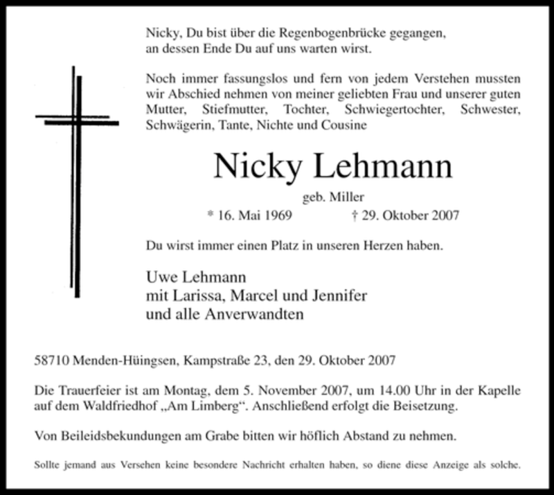  Traueranzeige für Nicky Lehmann vom 31.10.2007 aus Tageszeitung