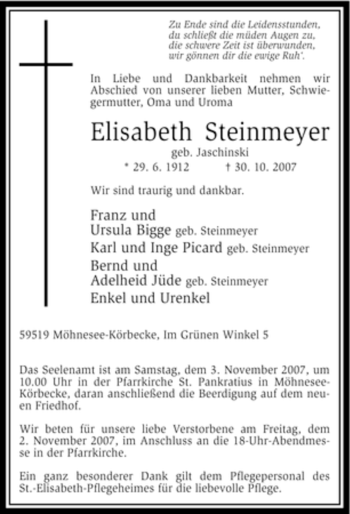 Traueranzeige von Elisabeth Steinmeyer von Tageszeitung