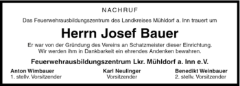 Traueranzeige von Josef Bauer von Tageszeitung