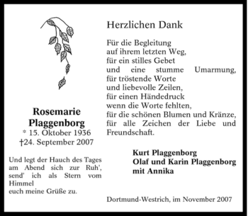 Traueranzeige von Rosemarie Plaggenborg von Tageszeitung