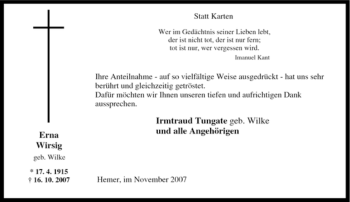 Traueranzeige von Erna Wirsig von Tageszeitung
