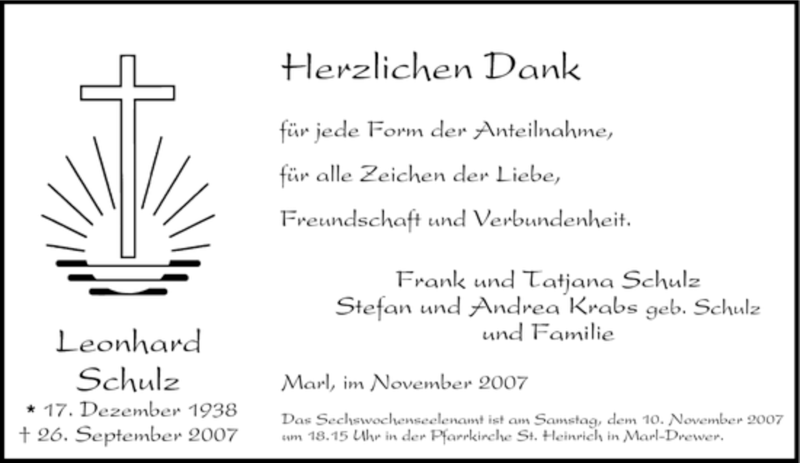  Traueranzeige für Leonhard Schulz vom 03.11.2007 aus Tageszeitung
