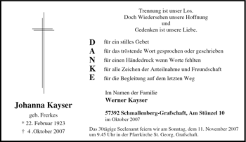 Traueranzeige von Johanna Kayser von Tageszeitung