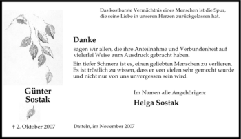 Traueranzeige von Günter Sostak von Tageszeitung