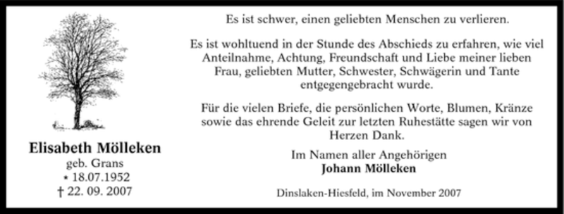 Traueranzeige für Elisabeth Mölleken vom 03.11.2007 aus Tageszeitung
