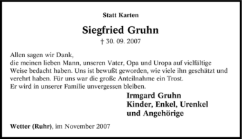 Traueranzeige von Siegfried Gruhn von Tageszeitung