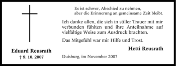 Traueranzeige von Eduard Reusrath von Tageszeitung