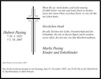 Traueranzeige von Hubert Pasing von Tageszeitung