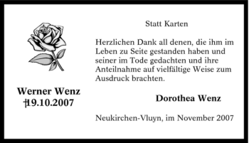 Traueranzeige von Werner Wenz von Tageszeitung