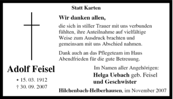 Traueranzeige von Adolf Feisel von Tageszeitung