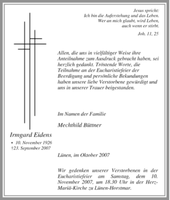 Traueranzeige von Irmgard Eidens von Tageszeitung