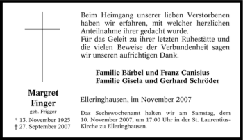 Traueranzeige von Margret Finger von Tageszeitung