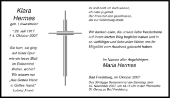 Traueranzeige von Klara Hermes von Tageszeitung