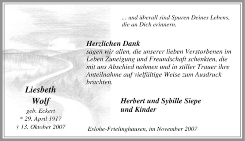  Traueranzeige für Liesbeth Wolf vom 05.11.2007 aus Tageszeitung