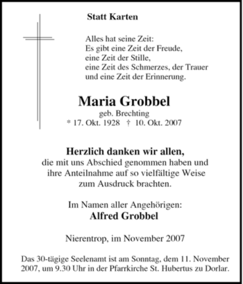 Traueranzeige von Maria Grobbel von Tageszeitung