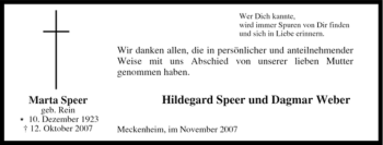 Traueranzeige von Marta Speer von Tageszeitung